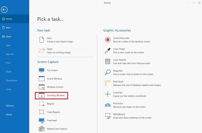 Прокрутка снимков экрана Приложения для Windows Picpick Выбор окна прокрутки