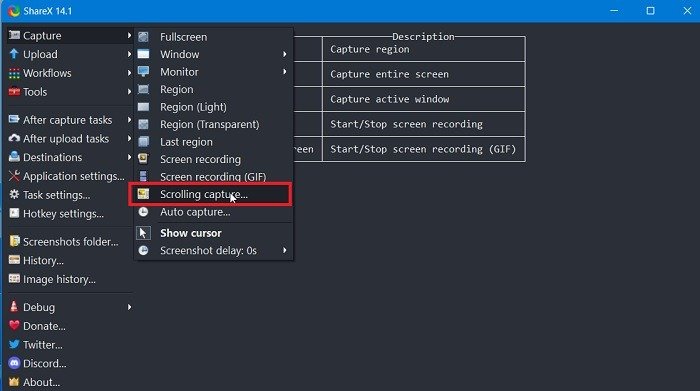Прокрутка снимков экрана Приложения для Windows Sharex Захват прокрутки