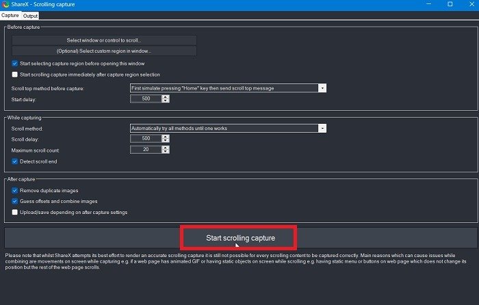 Прокрутка снимков экрана Приложения для Windows Sharex Начать прокрутку Захват