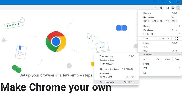 Прокрутка снимков экрана Windows Google Chrome Дополнительные инструменты Инструменты разработчика