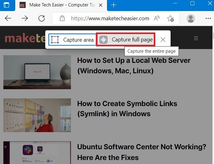 Прокрутка снимков экрана Windows Microsoft Edge Захват всей страницы