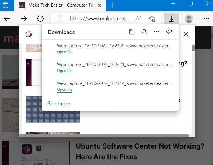 Прокрутка снимков экрана Windows Microsoft Edge Загрузки Поделиться