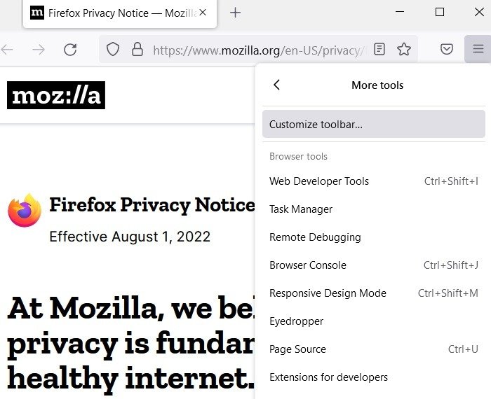 Прокрутка снимков экрана Windows Mozilla Firefox Настройка панели инструментов