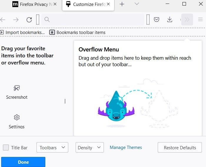 Прокрутка снимков экрана Windows Mozilla Firefox Перетаскивание избранных элементов вправо