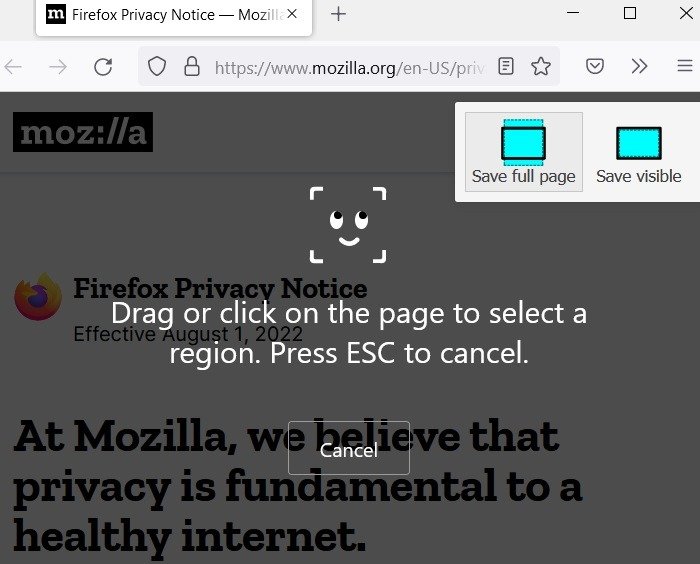 Прокрутка снимков экрана Windows Mozilla Firefox Параметры сохранения