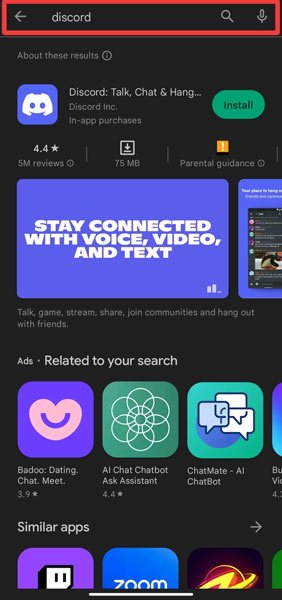 Найдите Discord в магазине Play Store
