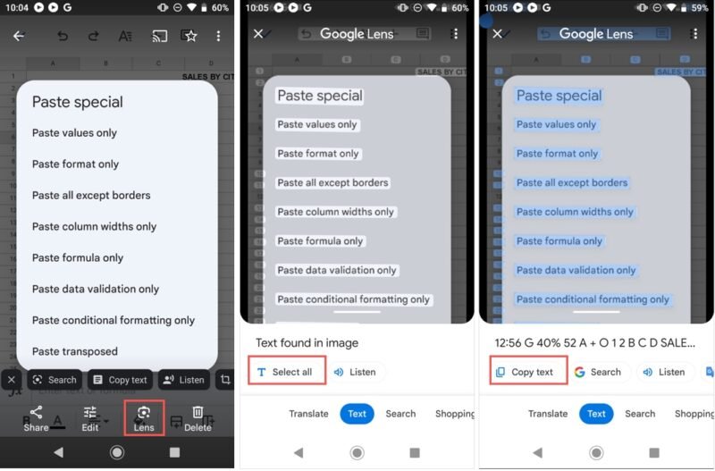 Выбрать все и скопировать все в Google Lens на Android