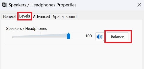 Нажмите «Баланс» в разделе «Уровни» в окне «Динамики/наушники».