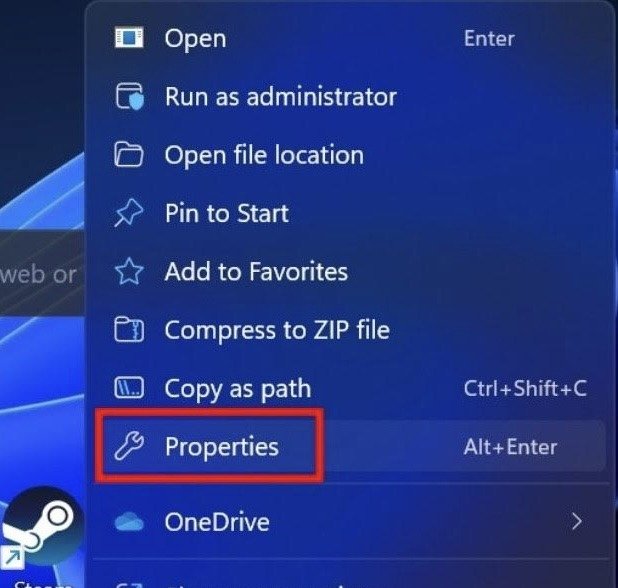 Щелкните правой кнопкой мыши Steam и выберите «Свойства» в контекстном меню.