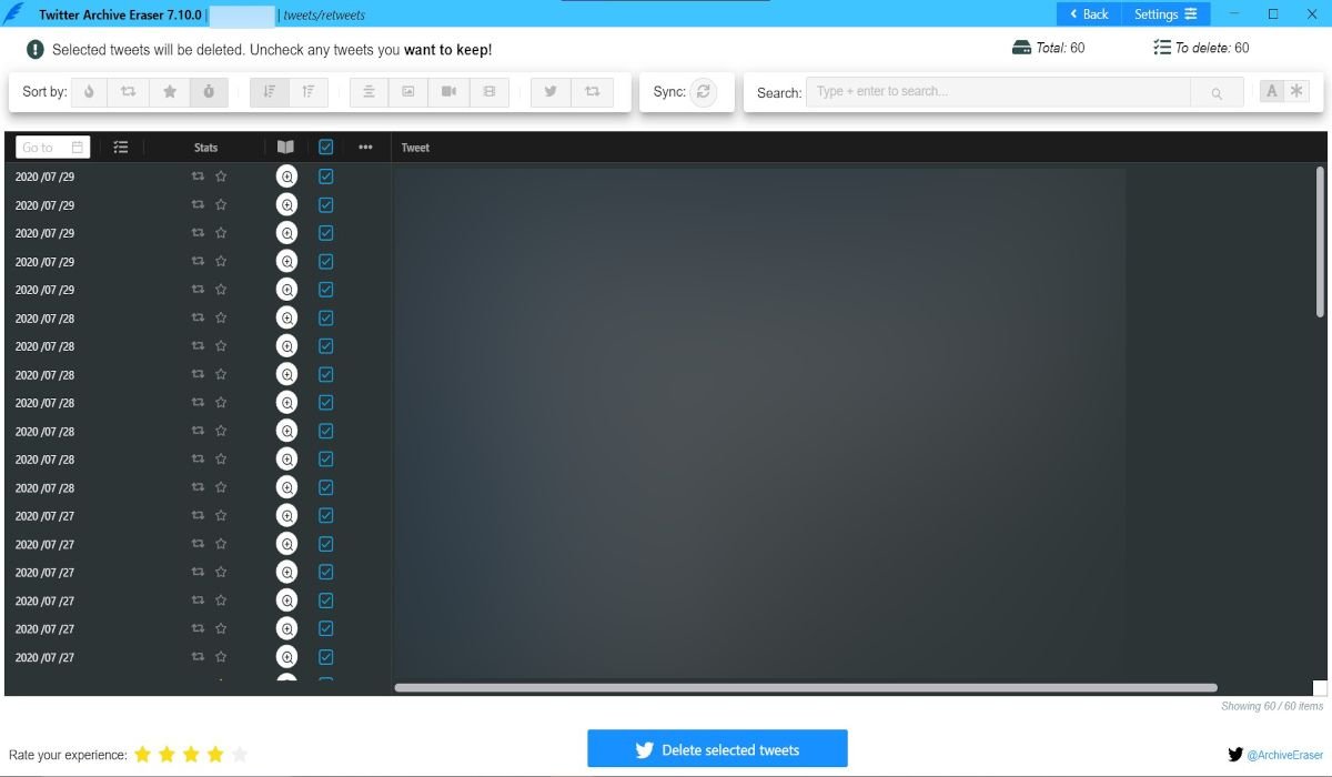 Выберите твиты для удаления в Twitter Archive Eraser