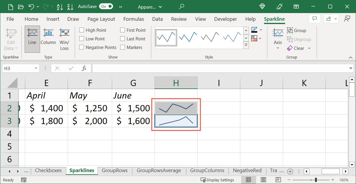 Выбранные спарклайны в Excel