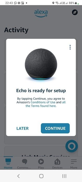 Настройка устройств Alexa Приложение Alexa Android Echo Ready Всплывающее окно настройки