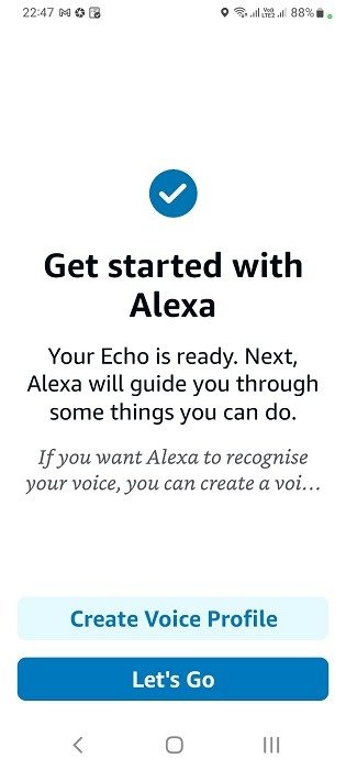 Ваше Echo готово, сообщение об успехе в приложении Alexa.