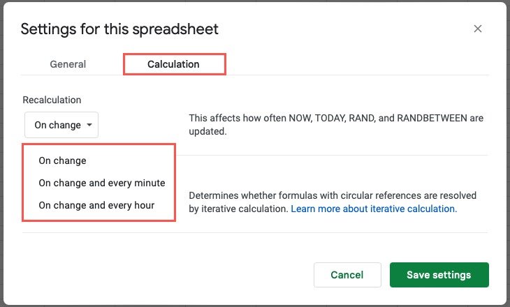 Настройки функций пересчета даты в Google Sheets