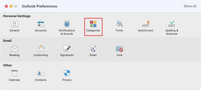 Категории в настройках Outlook на Mac