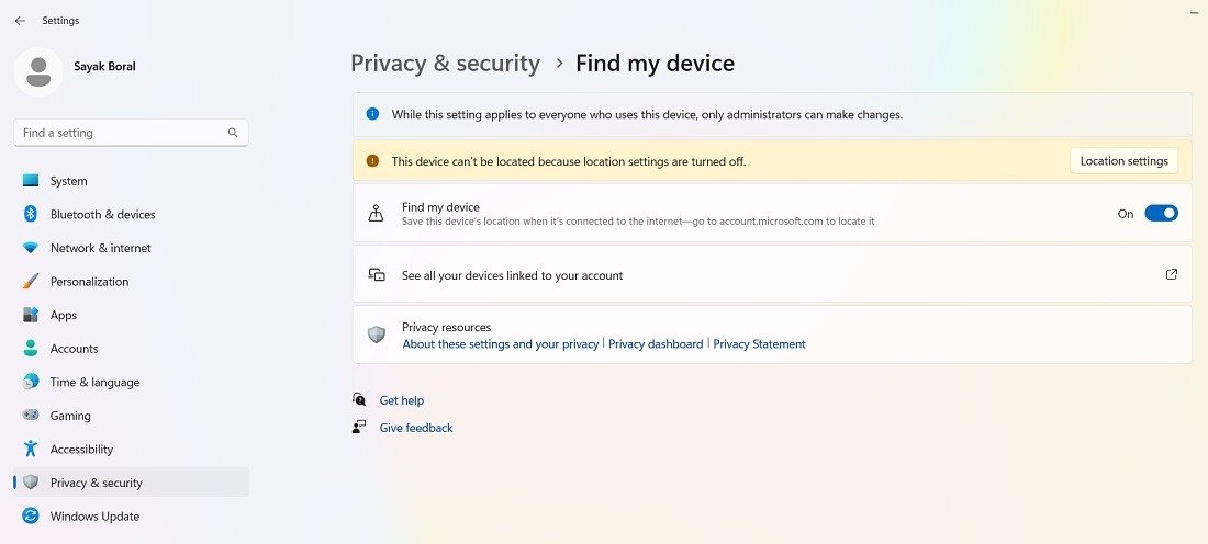 FindMyDevice отключен в Windows 11 из-за отсутствия доступа к местоположению.