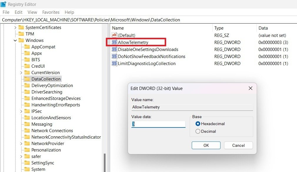 Значение AllowTelemetry установлено как 3 в разделе «Сбор данных» в редакторе реестра.