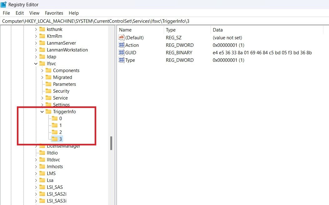 Информация о триггере LFSCV «3», выбранная в редакторе реестра.
