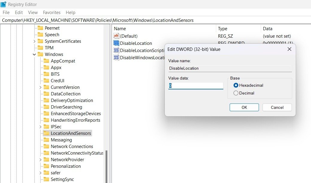 Значение Disable LocationsAndSensors изменено на «0».