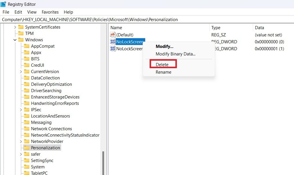 Щелкните правой кнопкой мыши, чтобы удалить запись DWORD для NoLockScreen в редакторе реестра.