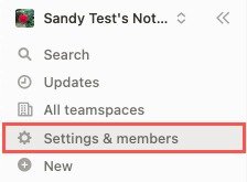 Настройки и участники на боковой панели Notion