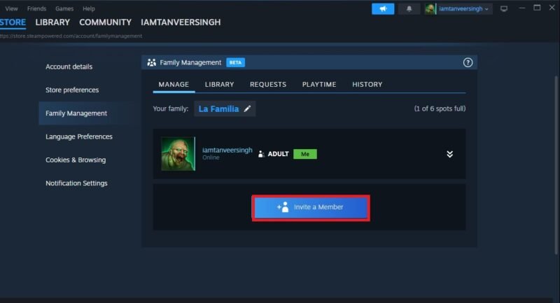 Добавление членов семьи в Steam Family