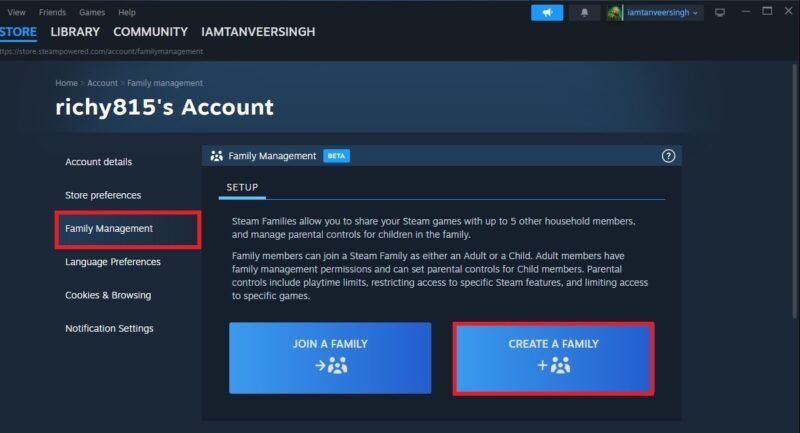 Создание семьи Steam в настройках Steam