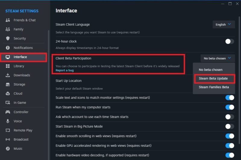 Настройки Steam, показывающие присоединение к бета-клиенту