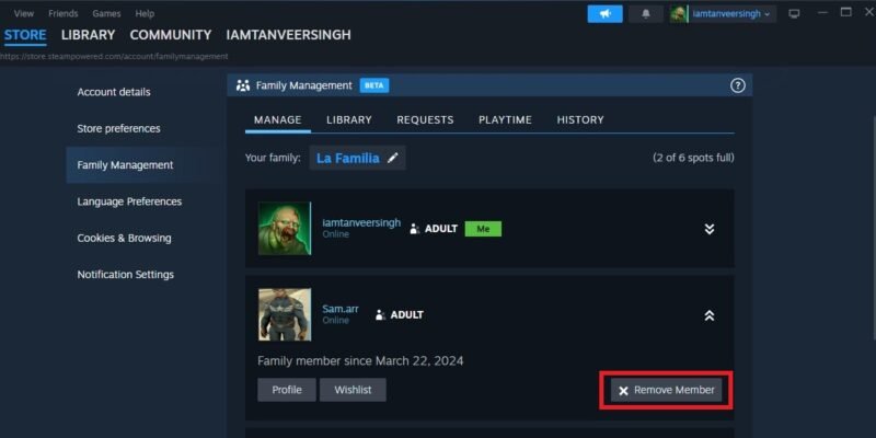 Удалить участника из семьи Steam