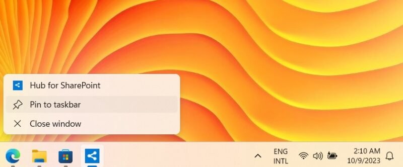 Закрепление Hub для SharePoint на панели задач Windows.