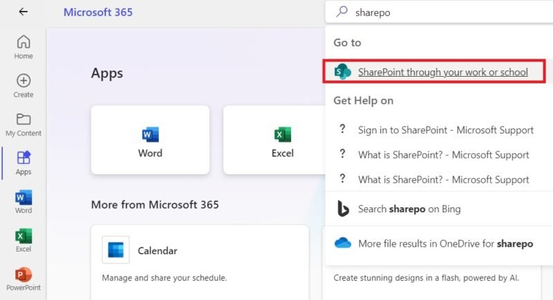 Нажмите «SharePoint через вашу работу или учебу» в приложении Microsoft 365 на ПК с Windows 11.