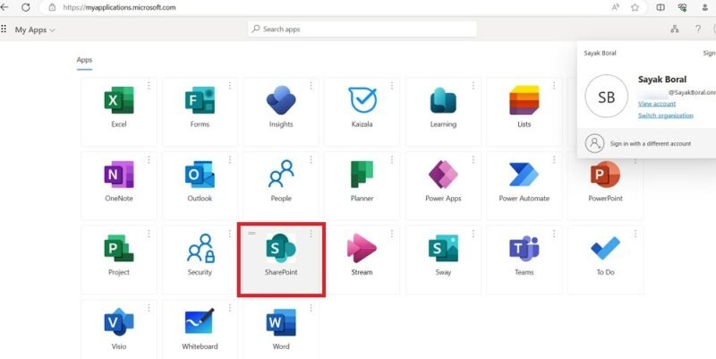 Выбор приложения SharePoint на портале «Мои приложения» Microsoft.