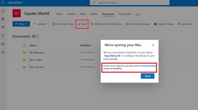 Нажмите «Синхронизировать», чтобы подключить SharePoint к учетной записи OneDrive на ПК с Windows 11.