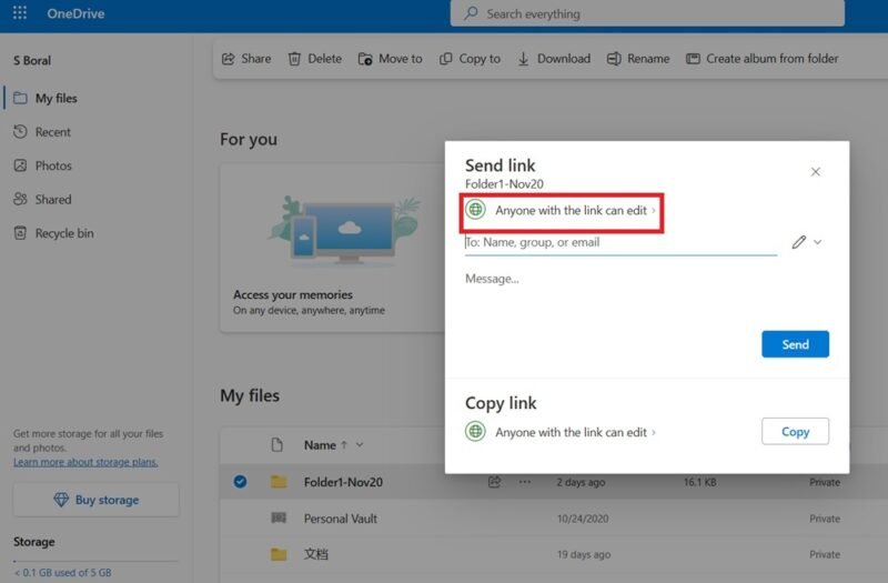 Функциональность OneDrive Share, указывающая, что любой, у кого есть ссылка, может редактировать.