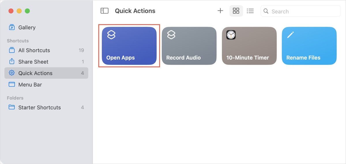 Быстрое действие «Открыть приложения» в ярлыках