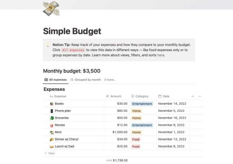 Отслеживание расходов с помощью шаблона Simple Budget.