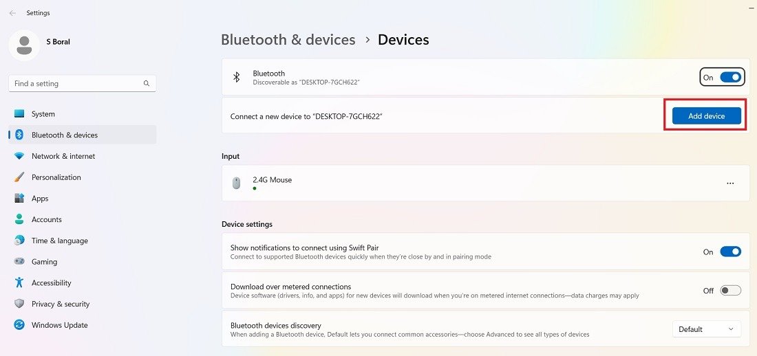 Добавьте устройство в «Bluetooth и устройства» в Windows 11.