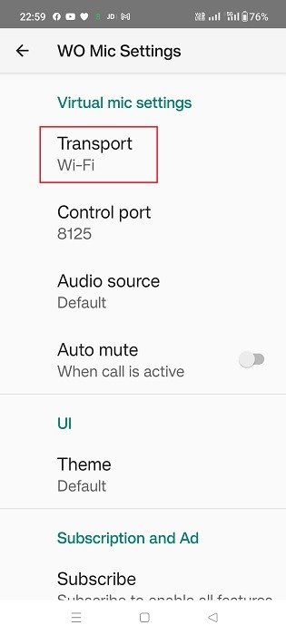 Нажмите «Транспорт» в настройках виртуального микрофона WO Mic в Android.