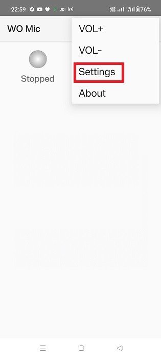 Выберите настройки WO Mic в верхнем меню приложения на Android.