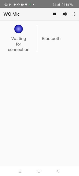 Приложение WO Mic для Android ожидает подключения в транспортном режиме Bluetooth.