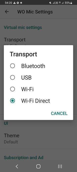 Wi-Fi Direct в качестве режима транспорта в приложении WO Mic для Android.