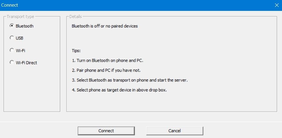 Клиент WO Mic в Windows с режимом транспортировки Bluetooth.