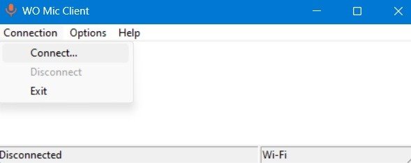 Нажмите «Подключиться» в меню «Подключение» клиента WO Mic в Windows.