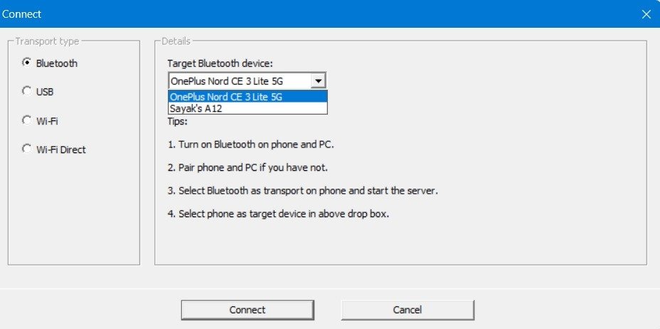 Выберите Целевое устройство Bluetooth в WO Mic Client для Windows в транспортном режиме Bluetooth.