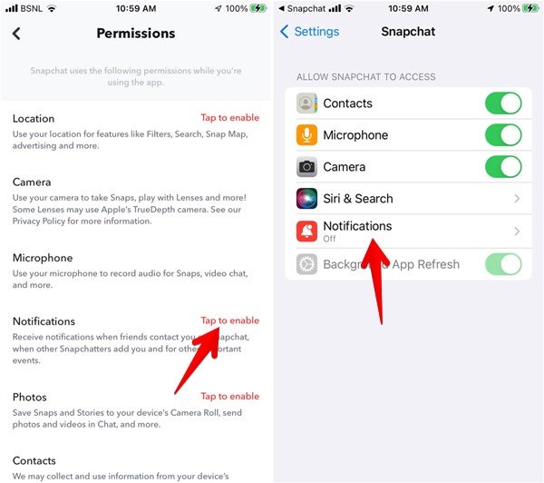 Настройки Snapchat Управление разрешениями на уведомления