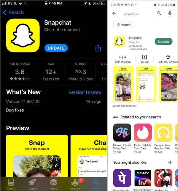 Приложение обновления Snapchat