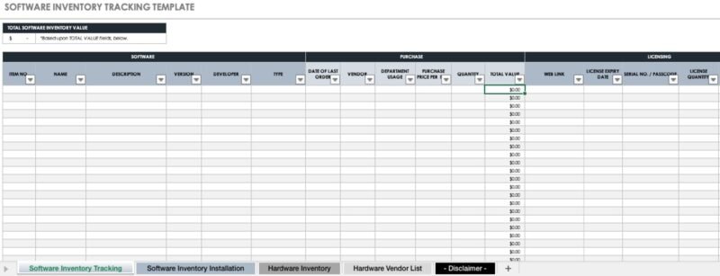 Шаблон инвентаризации программного обеспечения для Excel