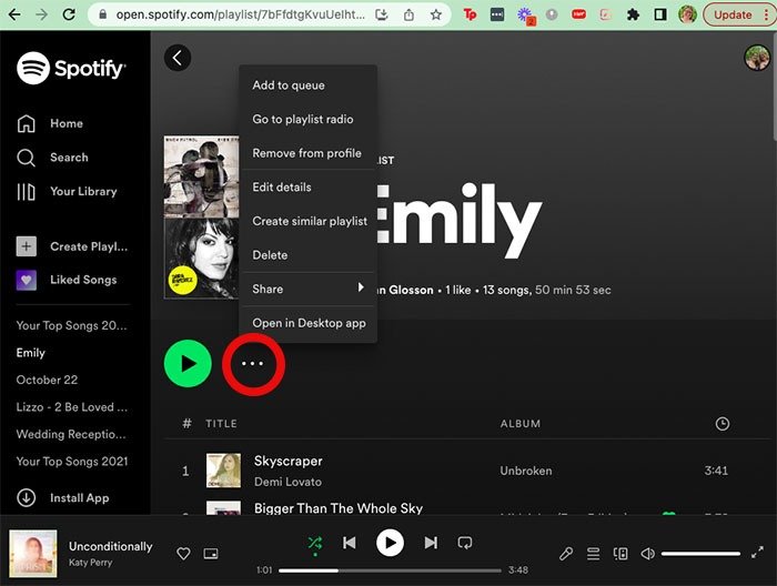 Совместный плейлист Spotify в Интернете Дополнительные параметры