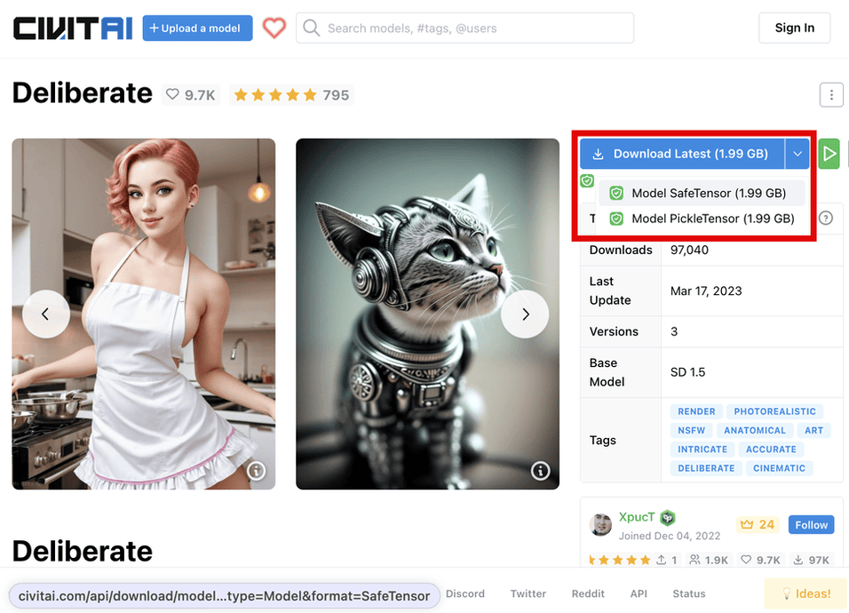 Стабильная диффузия Civit Ai намеренно скачать модель Safetensor 1