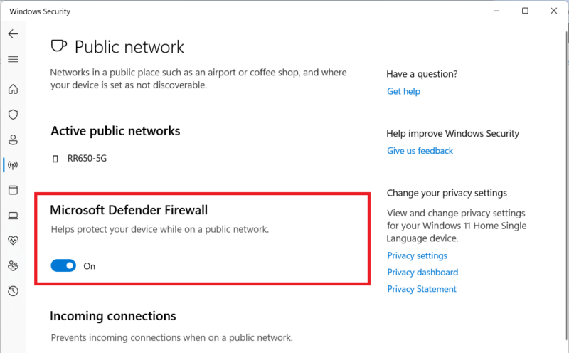 Отключить брандмауэр Microsoft Defender